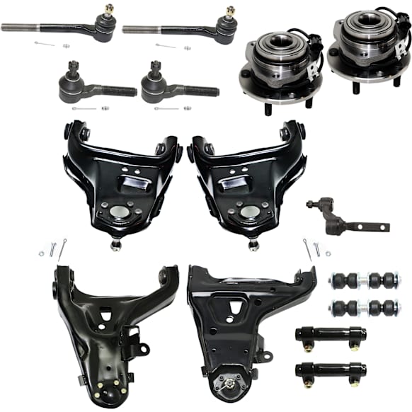 15-Piece Kit Front, Driver and Passenger Side, Upper and Lower Control Arm, Includes (4) Control Arm, (1) Idler Arm, (4) Tie Rod End, (2) Sway Bar Link, (2) Tie Rod Adjusting Sleeve and (2) Wheel Hub