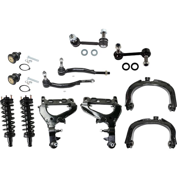 12-Piece Kit Front, Driver and Passenger Side, Upper and Lower Control Arms, Includes (2) Ball Joint, (4) Control Arm, (2) Loaded Strut, (2) Sway Bar Link, and (2) Tie Rod End