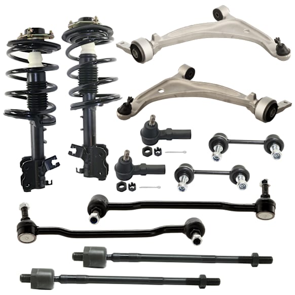 12-Piece Kit Front, Driver and Passenger Side Fully Loaded Strut, Includes (2) Shock Absorber and Strut Assembly, (2) Control Arm, (4) Sway Bar Link and (4) Tie Rod End