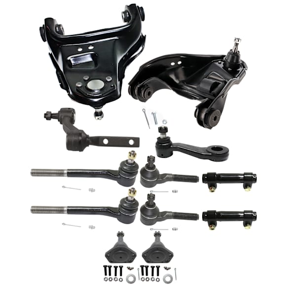 12-Piece Kit Control Arm, Includes (2) Control Arm, (1) Idler Arm, (1) Pitman Arm, (2) Ball Joint, (4) Tie Rod End and (2) Tie Rod Adjusting Sleeve