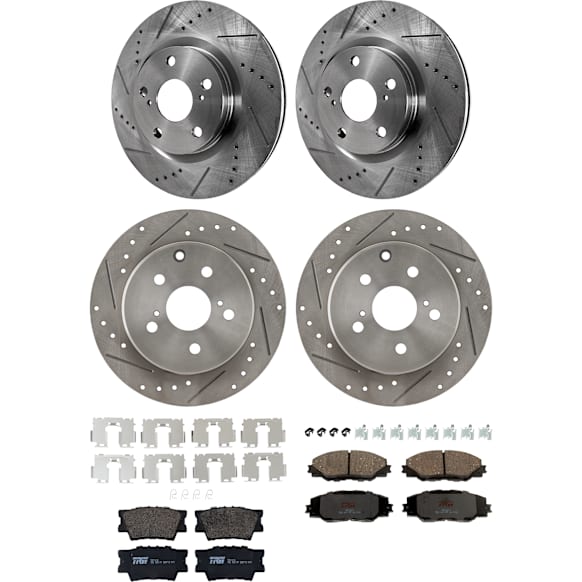 2011 Toyota RAV4 - 4-Wheel Set Front and Rear Brake Disc and Pad Kit, Cross-drilled and Slotted, 5 Lugs, Front-296 mm/Rear-280.8 mm, Ceramic, 3.5L 6Cyl, Includes (4) Disc and (2) Pad Set