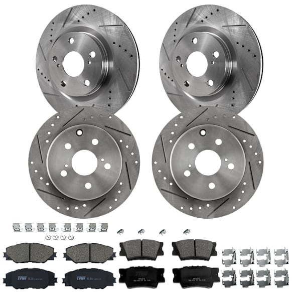 2009 Toyota RAV4 - 4-Wheel Set Front and Rear Brake Disc and Pad Kit, Cross-drilled and Slotted, 5 Lugs, Front-296 mm/Rear-280.8 mm, Ceramic, For Models With 3rd Row Seat, 2.5L 4Cyl, Includes (4) Disc and (2) Pad Set