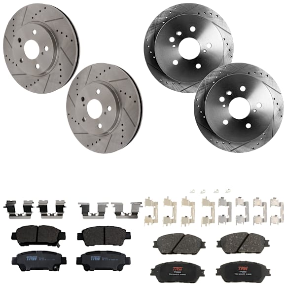 KIT-073024-10069 4-Wheel Set Front and Rear Brake Disc and Pad Kit, Cross-drilled and Slotted 5 Lugs Front-296 mm/Rear-291 mm Front-Ceramic/Rear-Semi-Metallic, Includes (4) Brake Disc and (2) Brake Pad Set