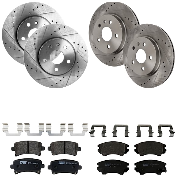 KIT-073024-1980 4-Wheel Set Front and Rear Brake Disc and Pad Kit, Cross-drilled and Slotted 5 Lugs Front-321 mm/Rear-314.96 mm Semi-metallic, Includes (4) Brake Disc and (2) Brake Pad Set