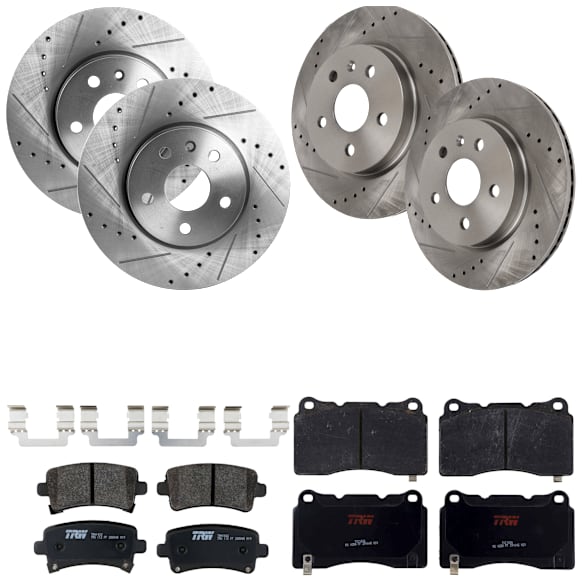 KIT-073024-1981 4-Wheel Set Front and Rear Brake Disc and Pad Kit, Cross-drilled and Slotted 5 Lugs Front-321 mm/Rear-314.96 mm Front-Ceramic/Rear-Semi-Metallic, Includes (4) Brake Disc and (2) Brake Pad Set