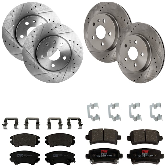 KIT-073024-1987 4-Wheel Set Front and Rear Brake Disc and Pad Kit, Cross-drilled and Slotted 5 Lugs Front-321 mm/Rear-314.96 mm Semi-metallic, Includes (4) Brake Disc and (2) Brake Pad Set