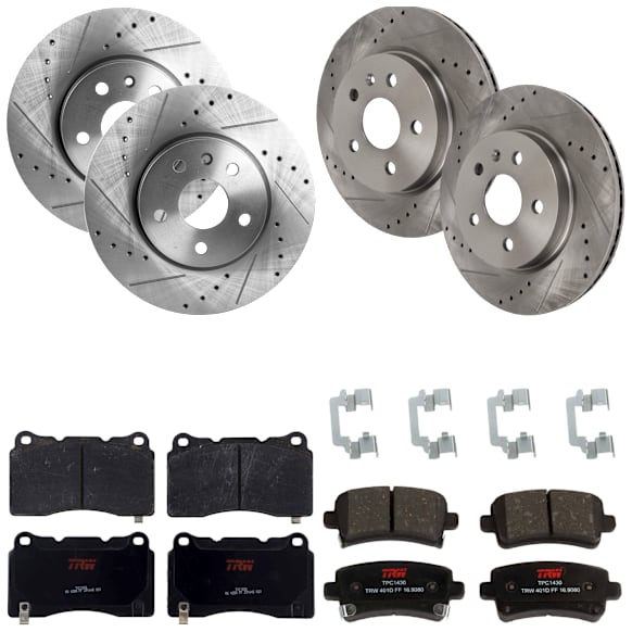 KIT-073024-1988 4-Wheel Set Front and Rear Brake Disc and Pad Kit, Cross-drilled and Slotted 5 Lugs Front-321 mm/Rear-314.96 mm Front-Ceramic/Rear-Semi-Metallic, Includes (4) Brake Disc and (2) Brake Pad Set