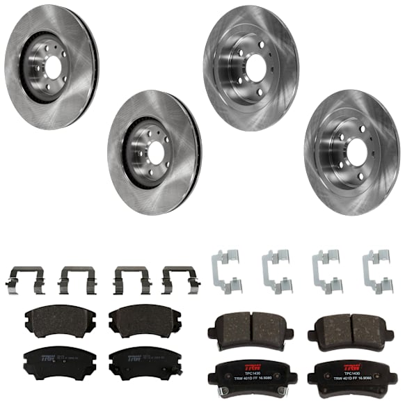KIT-073024-2008 4-Wheel Set Front and Rear Brake Disc and Pad Kit, Plain Surface 5 Lugs Front-344.93 mm/Rear-292 mm Semi-metallic, Includes (2) Brake Pad Set and (4) Brake Disc