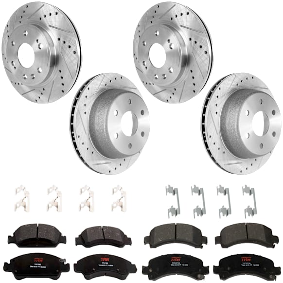 KIT-073024-3051 4-Wheel Set Front and Rear Brake Disc and Pad Kit, Cross-drilled and Slotted 6 Lugs Front-329.95 mm/Rear-329.69 mm Front-Ceramic/Rear-Semi-Metallic, Includes (4) Brake Disc and (2) Brake Pad Set