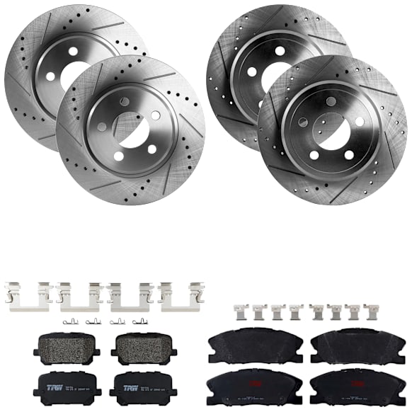 KIT-073024-3310 4-Wheel Set Front and Rear Brake Disc and Pad Kit, Cross-drilled and Slotted 5 Lugs Front and Rear-320.04 mm Semi-metallic, Includes (4) Brake Disc and (2) Brake Pad Set