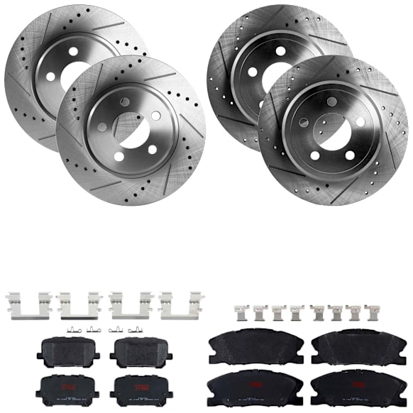 KIT-073024-3312 4-Wheel Set Front and Rear Brake Disc and Pad Kit, Cross-drilled and Slotted 5 Lugs Front and Rear-320.04 mm Semi-metallic, Includes (4) Brake Disc and (2) Brake Pad Set