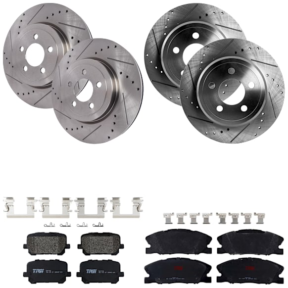 KIT-073024-3314 4-Wheel Set Front and Rear Brake Disc and Pad Kit, Cross-drilled and Slotted 5 Lugs Front-344.93 mm/Rear-320.04 mm Semi-metallic, Includes (4) Brake Disc and (2) Brake Pad Set