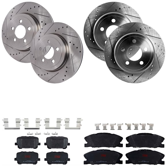 KIT-073024-3316 4-Wheel Set Front and Rear Brake Disc and Pad Kit, Cross-drilled and Slotted 5 Lugs Front-344.93 mm/Rear-320.04 mm Semi-metallic, Includes (4) Brake Disc and (2) Brake Pad Set