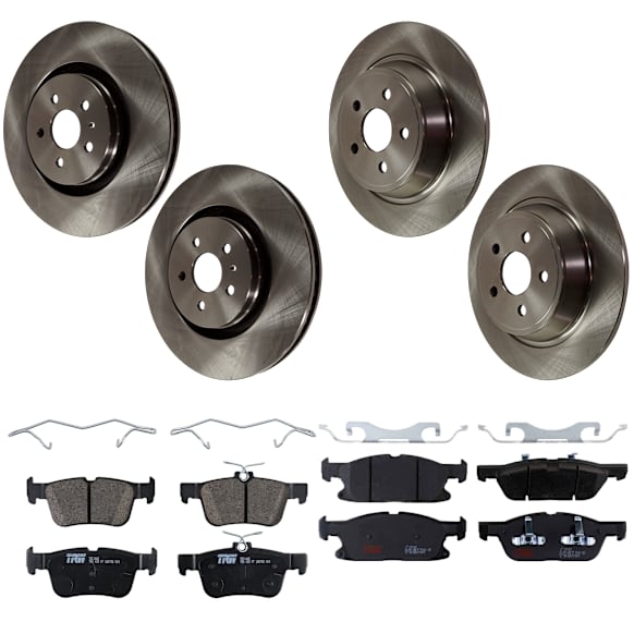 KIT-073024-3825 4-Wheel Set Front and Rear Brake Disc and Pad Kit, Plain Surface 5 Lugs Front-344.93 mm/Rear-314.96 mm Ceramic, Includes (2) Brake Pad Set and (4) Brake Disc