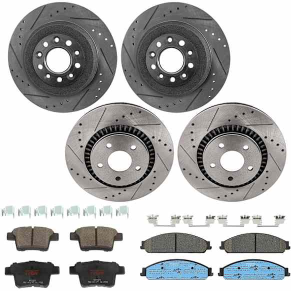 KIT-073024-4693 4-Wheel Set Front and Rear Brake Disc and Pad Kit, Cross-drilled and Slotted 5 Lugs Front-315 mm/Rear-329.95 mm Ceramic, Includes (2) Brake Pad Set and (4) Brake Disc