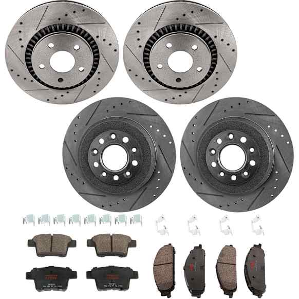 KIT-073024-4694 4-Wheel Set Front and Rear Brake Disc and Pad Kit, Cross-drilled and Slotted 5 Lugs Front-315 mm/Rear-329.95 mm Ceramic, Includes (2) Brake Pad Set and (4) Brake Disc