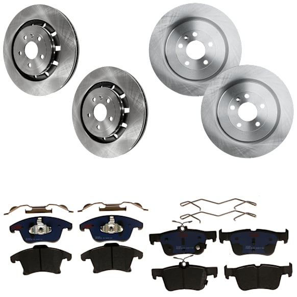 KIT-073024-4987 4-Wheel Set Front and Rear Brake Disc and Pad Kit, Plain Surface 5 Lugs Front and Rear-352.04 mm Semi-metallic, Includes (4) Brake Disc and (2) Brake Pad Set