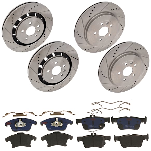 KIT-073024-5019 4-Wheel Set Front and Rear Brake Disc and Pad Kit, Cross-drilled and Slotted 5 Lugs Front-352 mm/Rear-345 mm Semi-metallic, Includes (4) Brake Disc and (2) Brake Pad Set