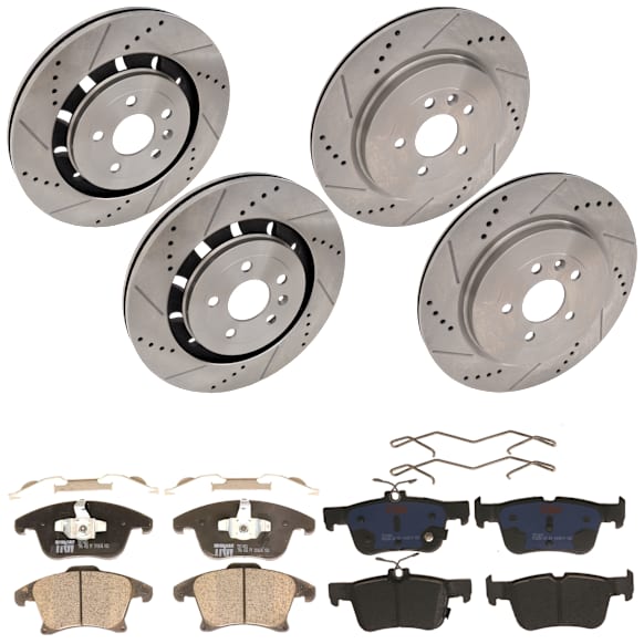 KIT-073024-5020 4-Wheel Set Front and Rear Brake Disc and Pad Kit, Cross-drilled and Slotted 5 Lugs Front-352 mm/Rear-345 mm Front-Ceramic/Rear-Semi-Metallic, Includes (4) Brake Disc and (2) Brake Pad Set