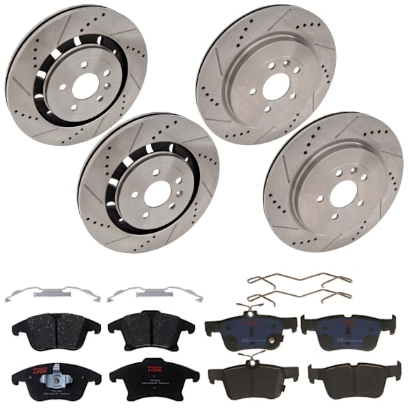 KIT-073024-5021 4-Wheel Set Front and Rear Brake Disc and Pad Kit, Cross-drilled and Slotted 5 Lugs Front-352 mm/Rear-345 mm Front-Ceramic/Rear-Semi-Metallic, Includes (4) Brake Disc and (2) Brake Pad Set