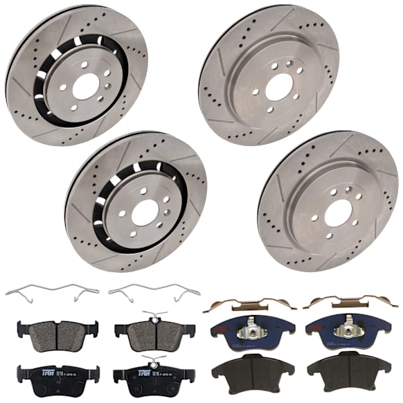 KIT-073024-5023 4-Wheel Set Front and Rear Brake Disc and Pad Kit, Cross-drilled and Slotted 5 Lugs Front-352 mm/Rear-345 mm Front-Semi-Metallic/Rear-Ceramic, Includes (4) Brake Disc and (2) Brake Pad Set