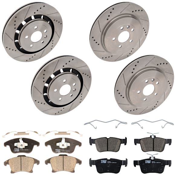 KIT-073024-5024 4-Wheel Set Front and Rear Brake Disc and Pad Kit, Cross-drilled and Slotted 5 Lugs Front-352 mm/Rear-345 mm Ceramic, Includes (4) Brake Disc and (2) Brake Pad Set