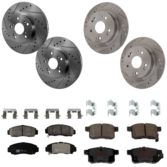 KIT-073024-535 4-Wheel Set Front and Rear Brake Disc and Pad Kit, Cross-drilled and Slotted 5 Lugs Front-299.97 mm/Rear-281.69 mm Ceramic, Includes (2) Brake Pad Set and (4) Brake Disc
