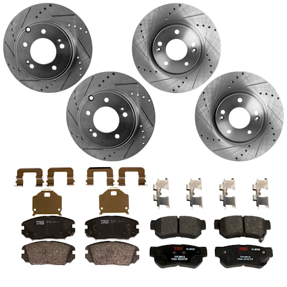 KIT-073024-5843 4-Wheel Set Front and Rear Brake Disc and Pad Kit, Cross-drilled and Slotted 5 Lugs Front-300 mm/Rear-282.96 mm Ceramic, Includes (4) Brake Disc and (2) Brake Pad Set