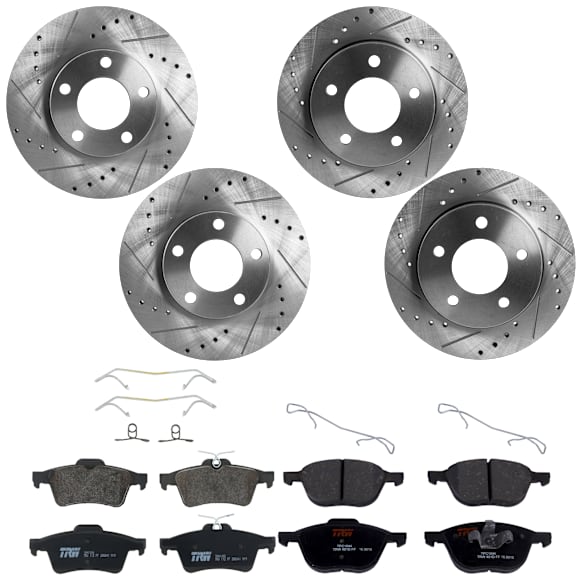 KIT-073024-7268 4-Wheel Set Front and Rear Brake Disc and Pad Kit, Cross-drilled and Slotted 5 Lugs Front-277.88 mm/Rear-264.92 mm Front-Ceramic/Rear-Semi-Metallic, Includes (4) Brake Disc and (2) Brake Pad Set