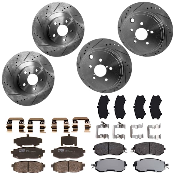 KIT-073024-9218 4-Wheel Set Front and Rear Brake Disc and Pad Kit, Cross-drilled and Slotted 5 Lugs Front-293.4 mm/Rear-289.81 mm Front-Ceramic/Rear-Semi-Metallic, Includes (4) Brake Disc and (2) Brake Pad Set