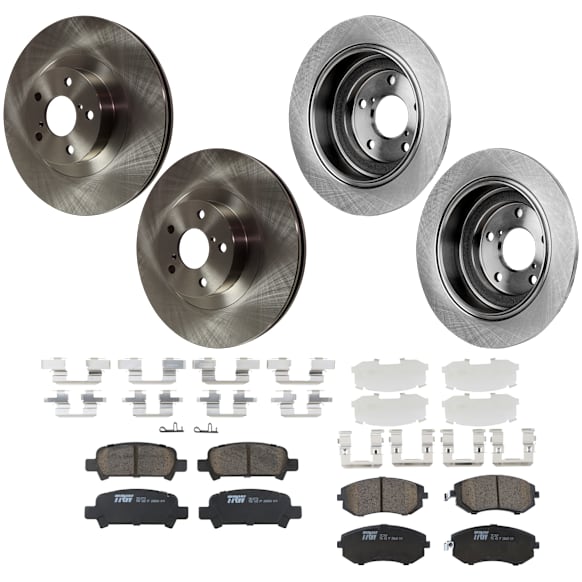 KIT-073024-9329 4-Wheel Set Front and Rear Brake Disc and Pad Kit, Plain Surface 5 Lugs Front-293.62 mm/Rear-265.43 mm Ceramic, Includes (2) Brake Pad Set and (4) Brake Disc