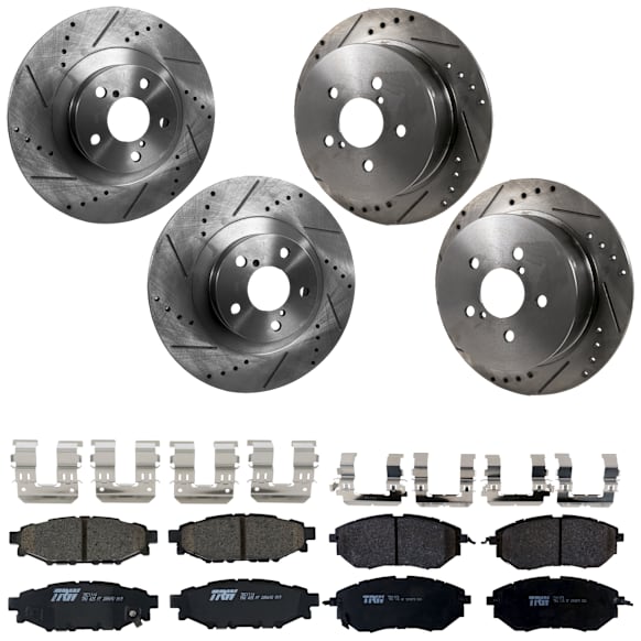 KIT-073024-9636 4-Wheel Set Front and Rear Brake Disc and Pad Kit, Cross-drilled and Slotted 5 Lugs Front-293.4 mm/Rear-273.81 mm Front-Semi-Metallic/Rear-Ceramic, Includes (4) Brake Disc and (2) Brake Pad Set