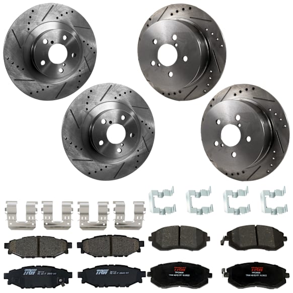 KIT-073024-9637 4-Wheel Set Front and Rear Brake Disc and Pad Kit, Cross-drilled and Slotted 5 Lugs Front-293.4 mm/Rear-273.81 mm Ceramic, Includes (4) Brake Disc and (2) Brake Pad Set