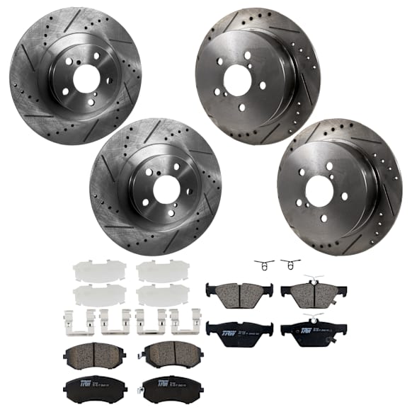 KIT-073024-9641 4-Wheel Set Front and Rear Brake Disc and Pad Kit, Cross-drilled and Slotted 5 Lugs Front-293.4 mm/Rear-273.81 mm Ceramic, Includes (4) Brake Disc and (2) Brake Pad Set