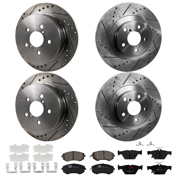 KIT-073024-9653 4-Wheel Set Front and Rear Brake Disc and Pad Kit, Cross-drilled and Slotted 5 Lugs Front-293.4 mm/Rear-273.81 mm Ceramic, Includes (4) Brake Disc and (2) Brake Pad Set
