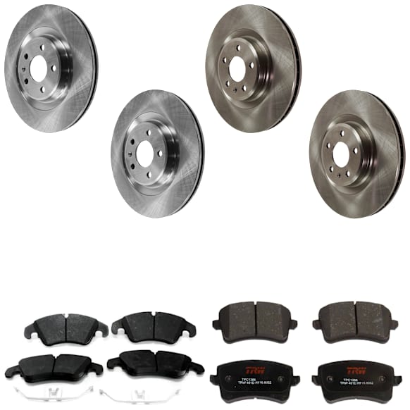 KIT-073024-969 4-Wheel Set Front and Rear Brake Disc and Pad Kit, Plain Surface 5 Lugs Front-344.68 mm/Rear-329.95 mm Semi-metallic, Includes (2) Brake Pad Set and (4) Brake Disc