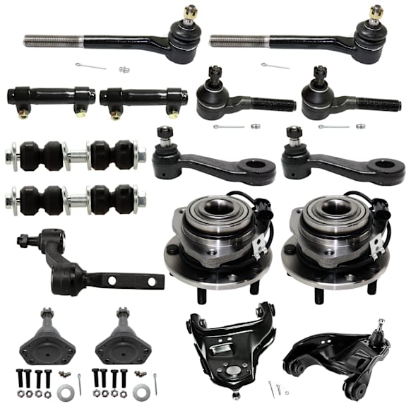 17-Piece Kit Front Suspension Kit, Includes (2) Ball Joint, (2) Control Arm, (1) Idler Arm, (2) Pitman Arm, (2) Sway Bar Link, (2) Tie Rod Adjusting Sleeve, (4) Tie Rod End, and (2) Wheel Hub