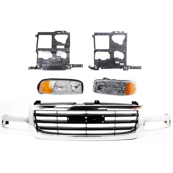 2003 GMC Sierra 1500 - 5-Piece Kit Grille, Chrome Shell with Painted Black Insert, Standard Cab Pickup, Includes (1) Grille, (2) Headlight, and (2) Headlight Bracket