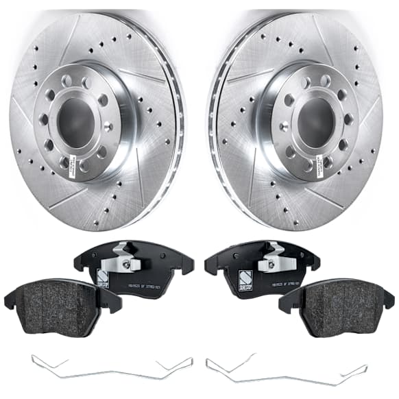 2-Wheel Set Front Brake Disc and Pad Kit, Cross-drilled and Slotted 5 Lugs 288.04 mm Organic Pro-Line Series, Includes (1) Disc and (1) Pad Set