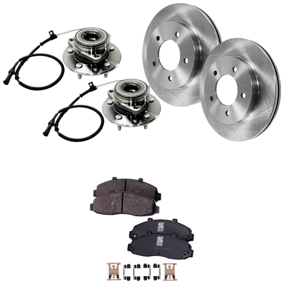 2-Wheel Set Front Wheel Hub, 5 Lugs, With Bearing, With Sensor, 4WD, Includes (2) Brake Disc, (1) Brake Pad Set, and (2) Wheel Hub