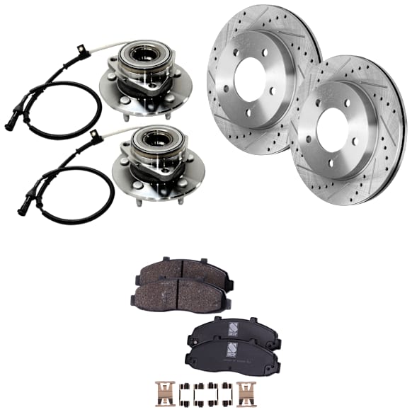 2-Wheel Set Front Wheel Hub, 5 Lugs, With Bearing, With Sensor, 4WD, Includes (2) Brake Disc, (1) Brake Pad Set, and (2) Wheel Hub