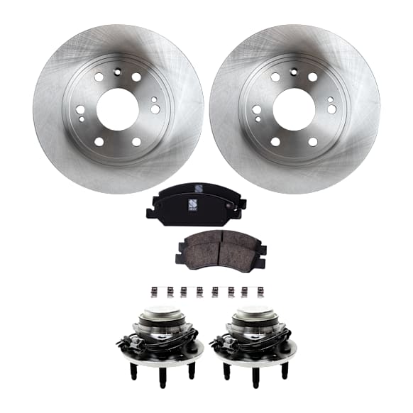2-Wheel Set Front, Driver and Passenger Side Wheel Hub, 6 Lugs, With Bearing, With Sensor, RWD, Includes (2) Brake Disc, (1) Brake Pad Set, and (2) Wheel Hub