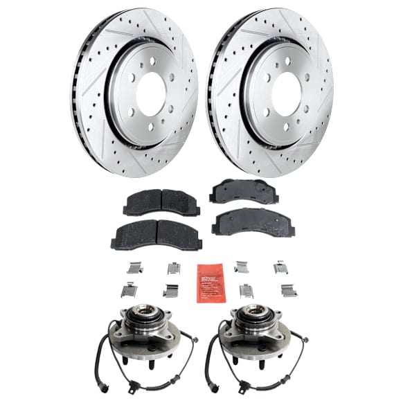 2-Wheel Set Wheel Hub, 6 Lugs, With Bearing, With Sensor, Includes (1) Brake Pad Set, (2) Wheel Hub and (2) Brake Disc