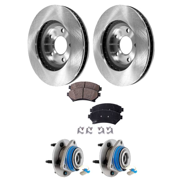 2-Wheel Set Front, Driver and Passenger Side Wheel Hub, 5 Lugs, With Bearing, With Sensor, FWD, includes (2) Brake Disc, (1) Brake Pad Set, and (2) Wheel Hub