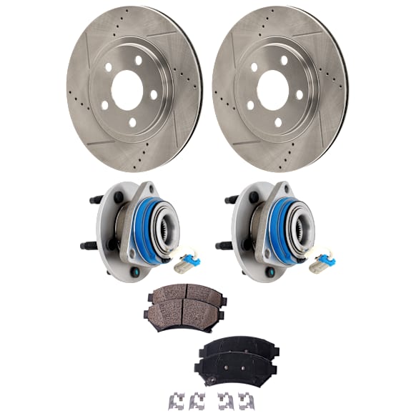 2-Wheel Set Front Brake Disc and Pad Kit, Cross-drilled and Slotted 5 Lugs FWD, includes (2) Brake Disc, (1) Brake Pad Set, and (2) Wheel Hub