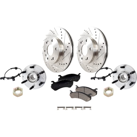 2-Wheel Set Front, Driver and Passenger Side Wheel Hub, 6 Lugs, With Bearing, With Sensor, AWD/4WD, Includes (2) Brake Disc, (1) Brake Pad Set, and (2) Wheel Hub