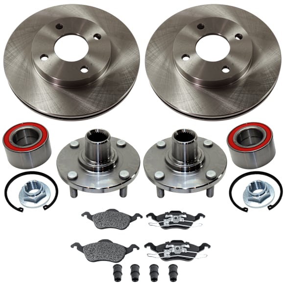 2004 Ford Focus SE - 2-Wheel Set Front, Driver and Passenger Side Wheel Hub, With Rear Drum Brake, 4 Lugs, With Bearing, Includes (2) Brake Disc, (1) Brake Pad Set, and (2) Wheel Hub