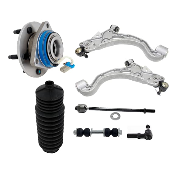 7-Piece Kit Control Arm, Includes (2) Control Arm, (1) Steering Rack Boot, (2) Tie Rod End, (1) Sway Bar Link and (1) Wheel Hub