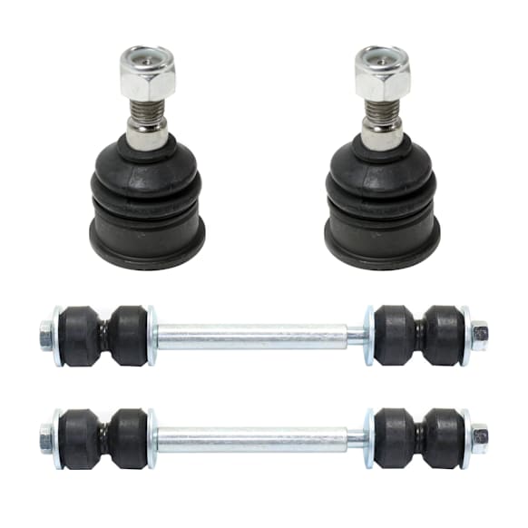 4-Piece Kit Front, Driver and Passenger Side, Lower Ball Joint, includes (2) Ball Joint, (2) Sway Bar Link, and (2) Tie Rod End