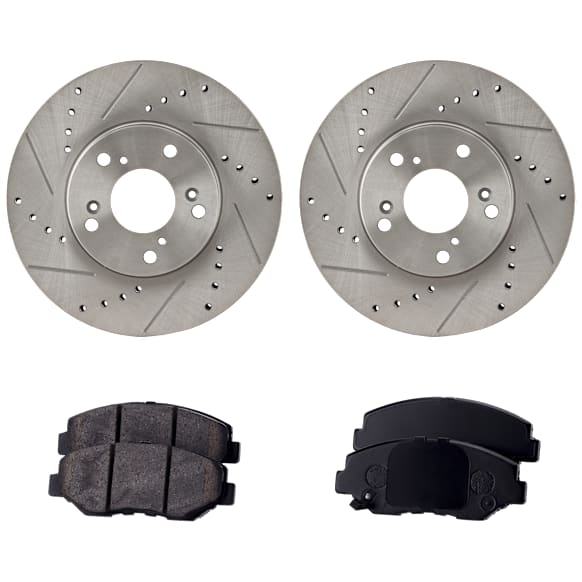 2-Wheel Set Front Brake Disc and Pad Kit, Cross-drilled and Slotted 5 Lugs 281.94 mm, Includes (1) Brake Pad Set and (2) Brake Disc